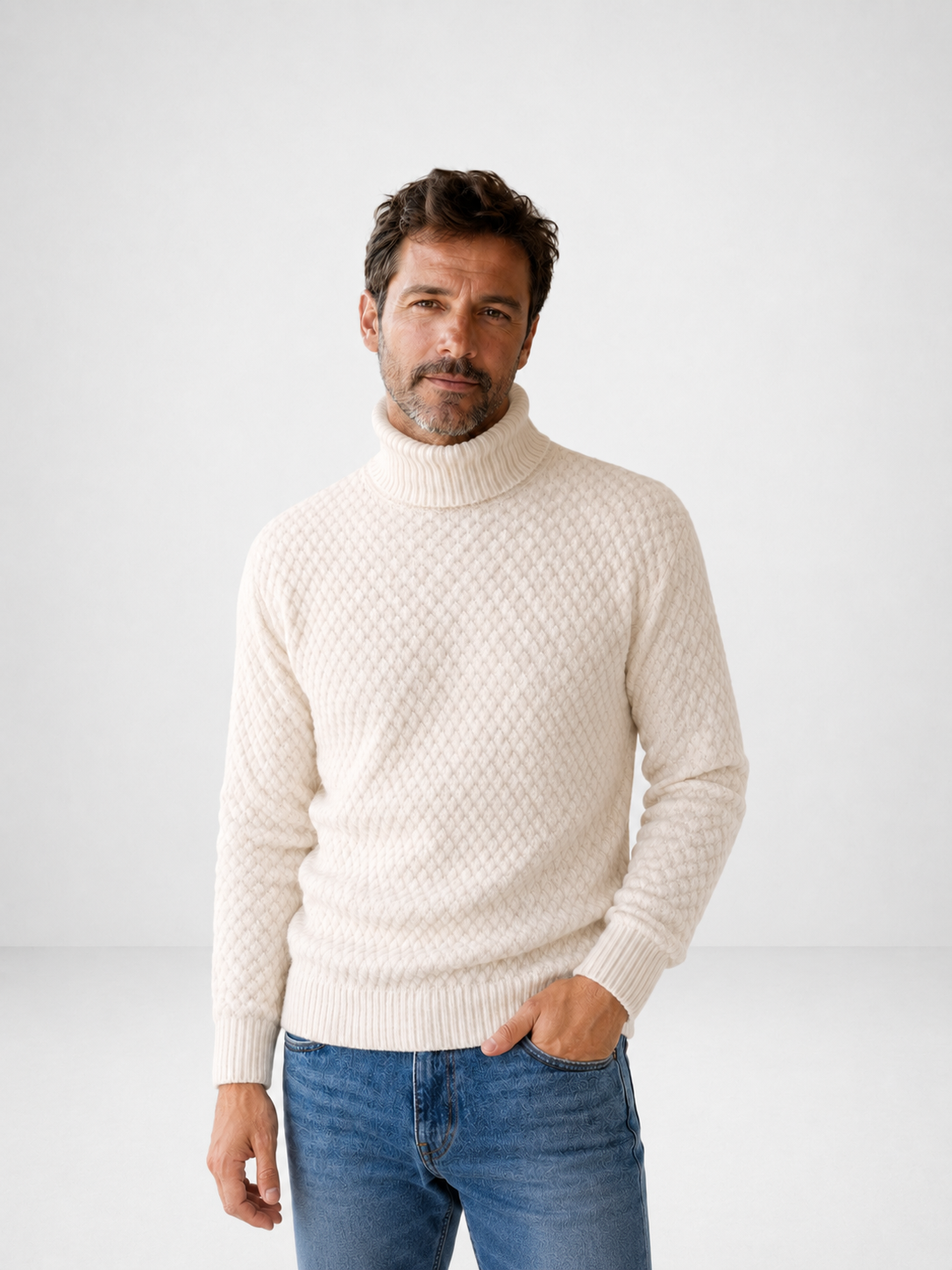 Suéter de punto texturizado con cuello alto y patrón acolchado en rombos.