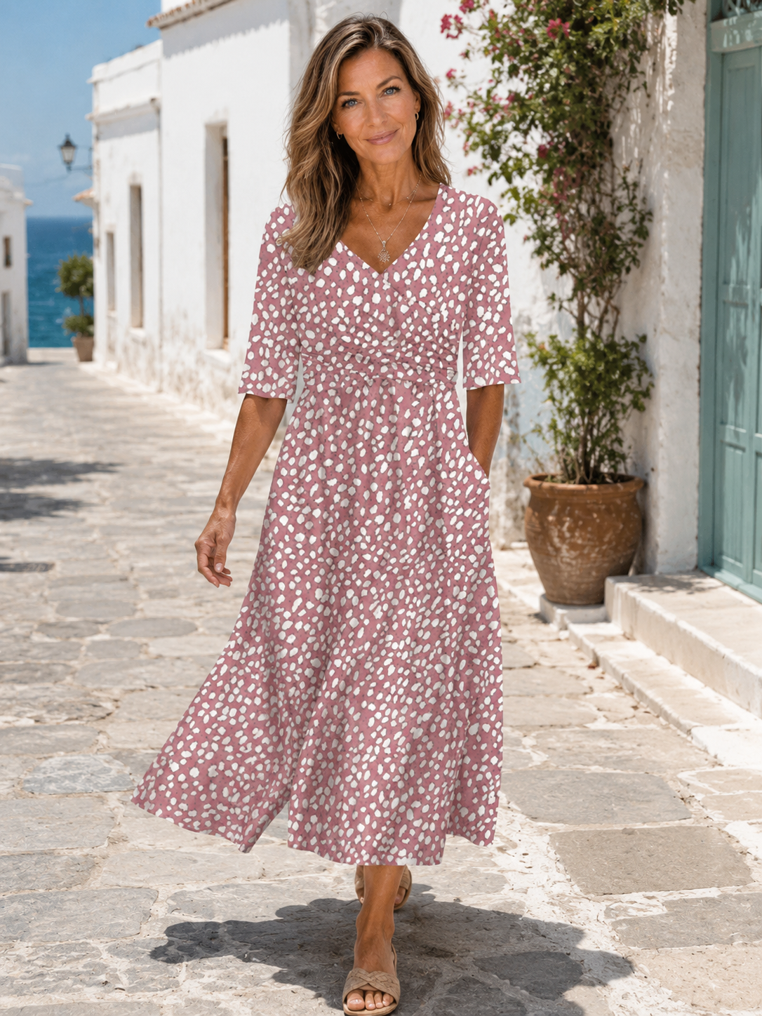 Vestido Midi Manga Corta Talle Cruzado