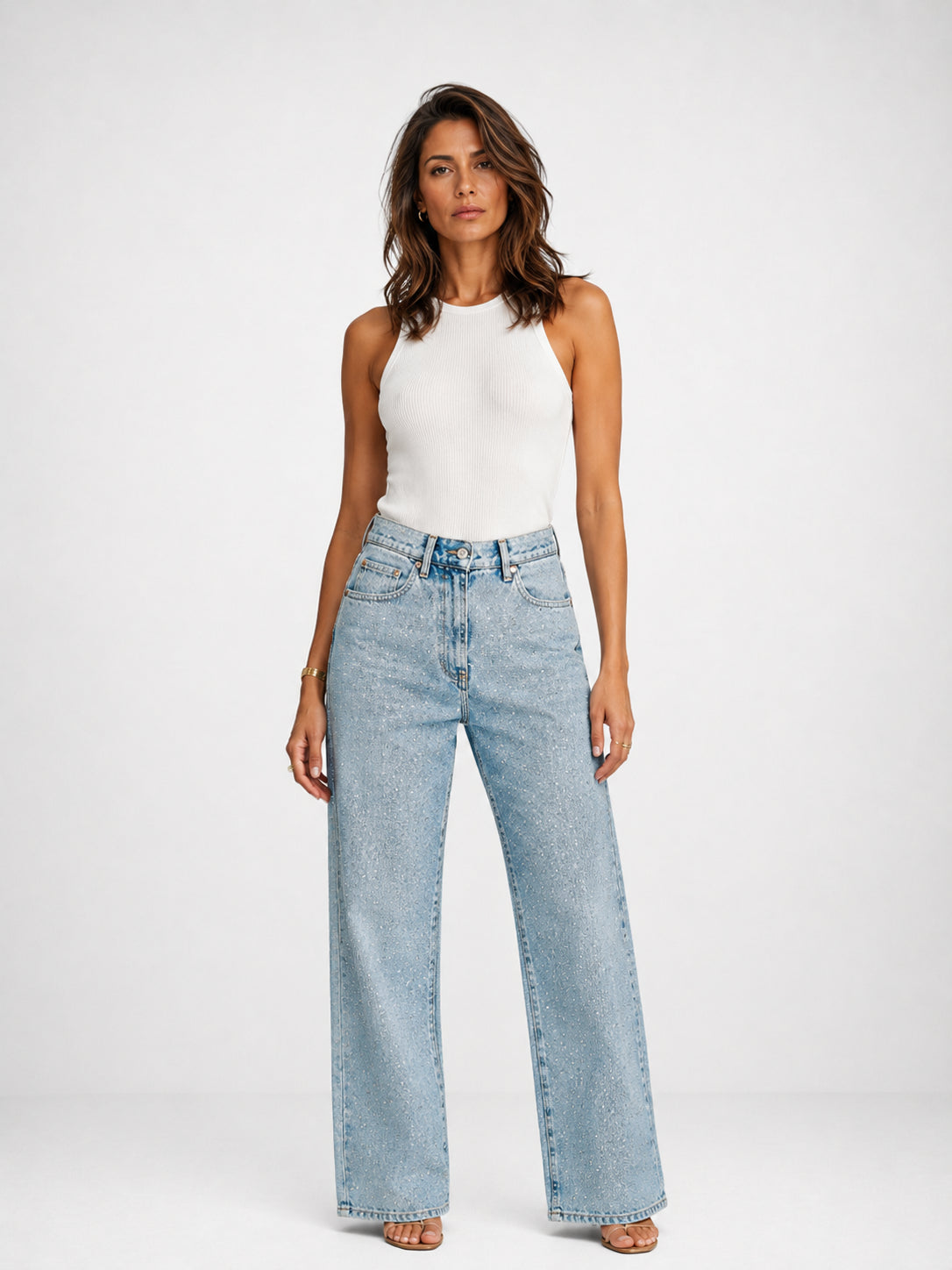 Jeans a vita alta con strass