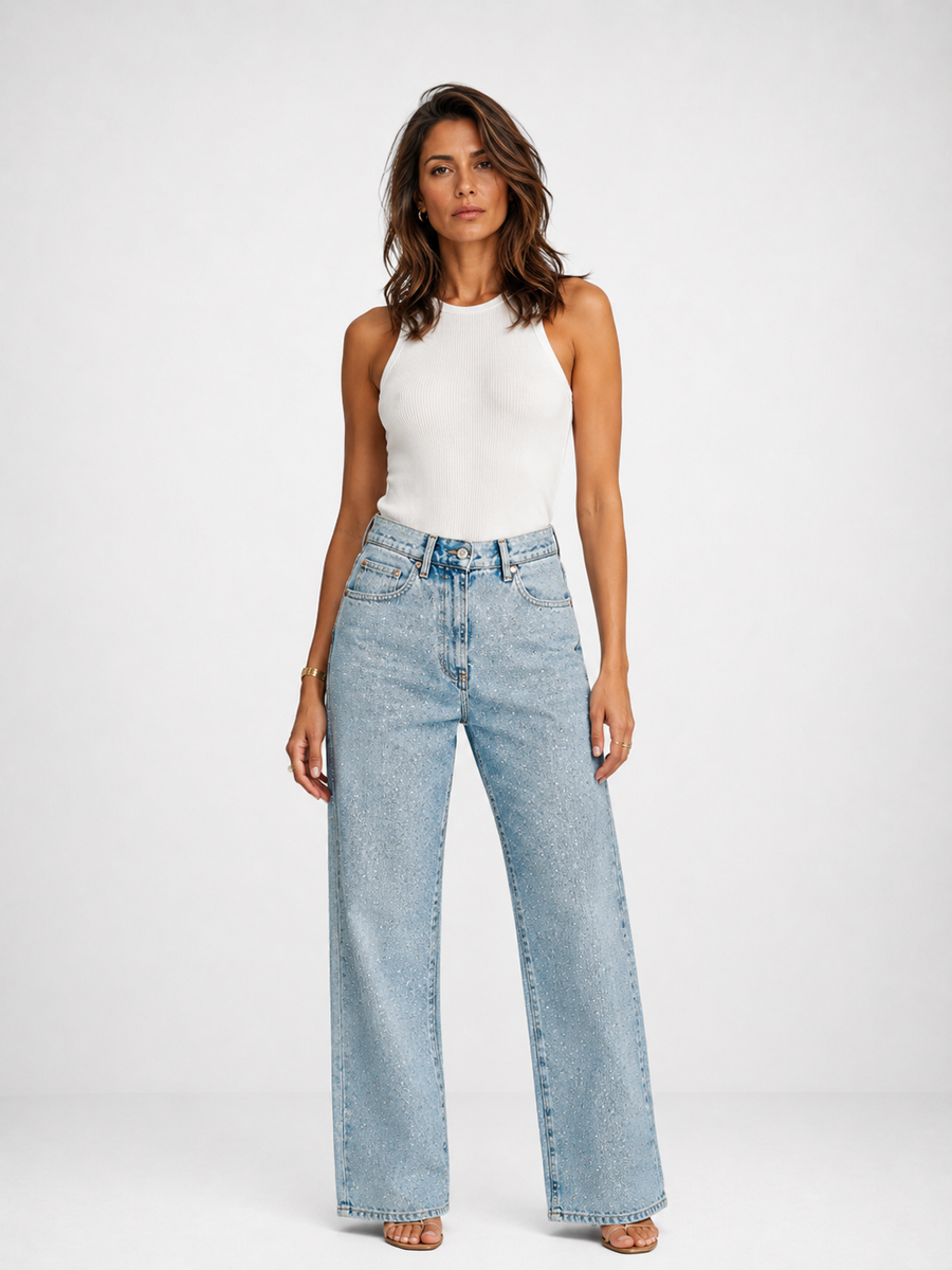 Pantalón vaquero con pedrería de tiro alto