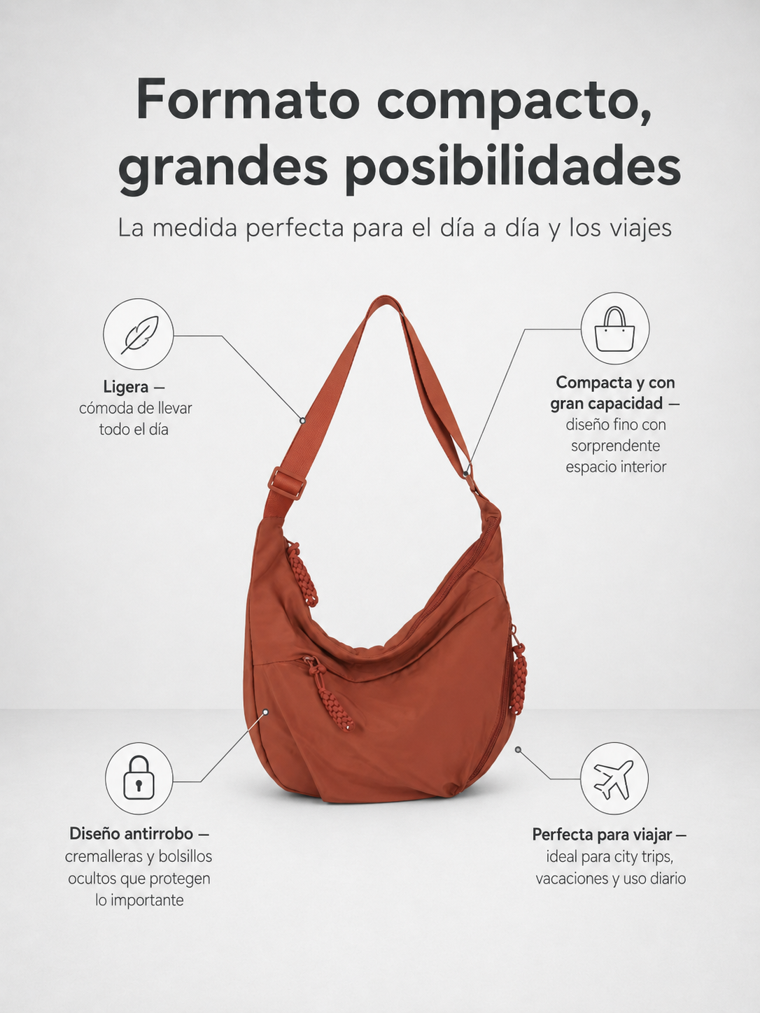 Bolso bandolera correa ajustable cremalleras