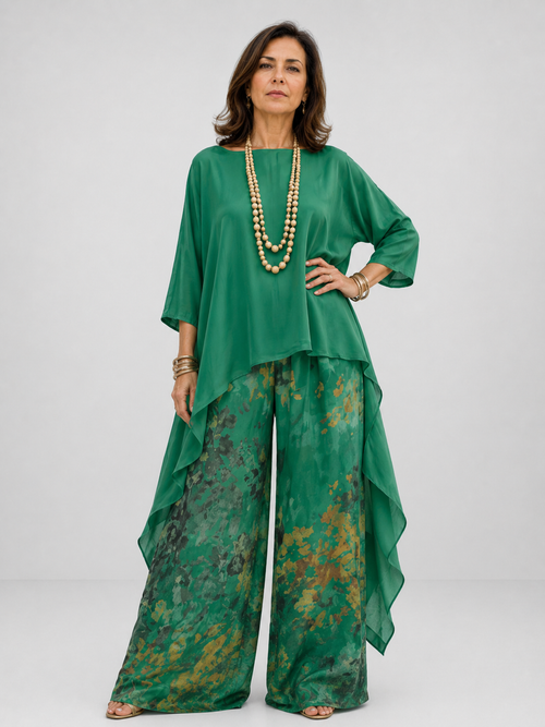 Conjunto de Túnica Asimétrica y Pantalón Estampado