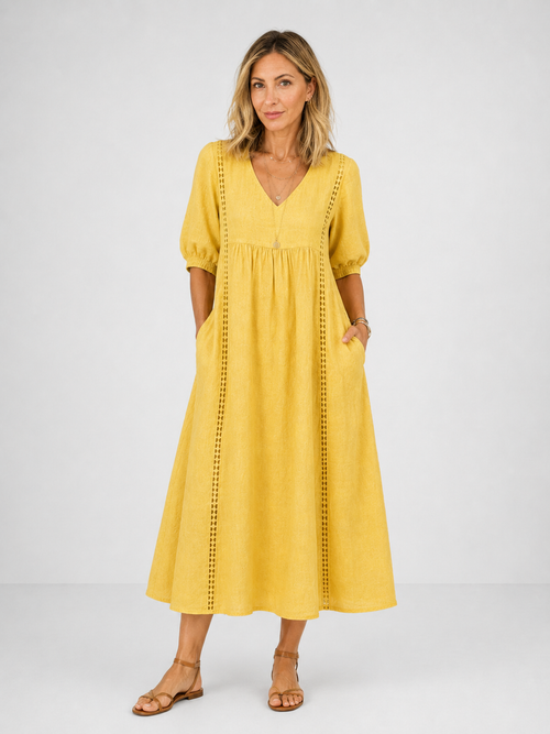 Vestido Largo de Lino con Calados