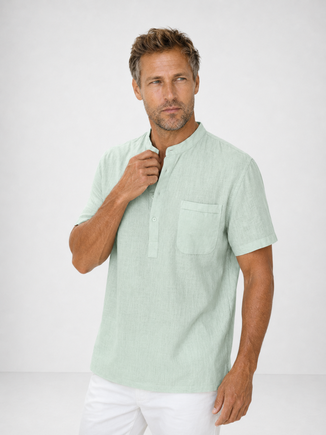 Camisa de Lino con Cuello Mao