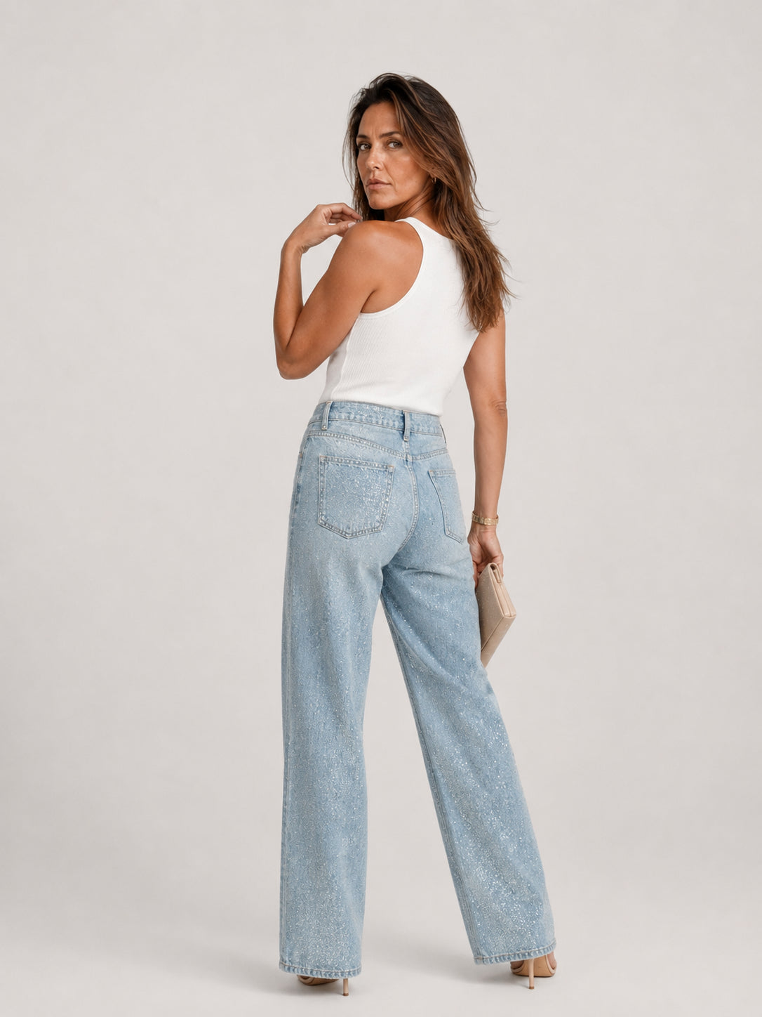 Jeans a vita alta con strass